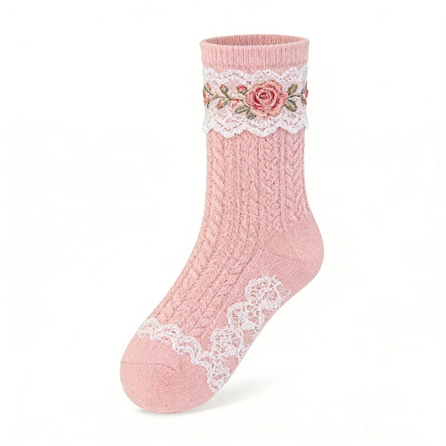 Pink Rose Lace Cable Knit Socks