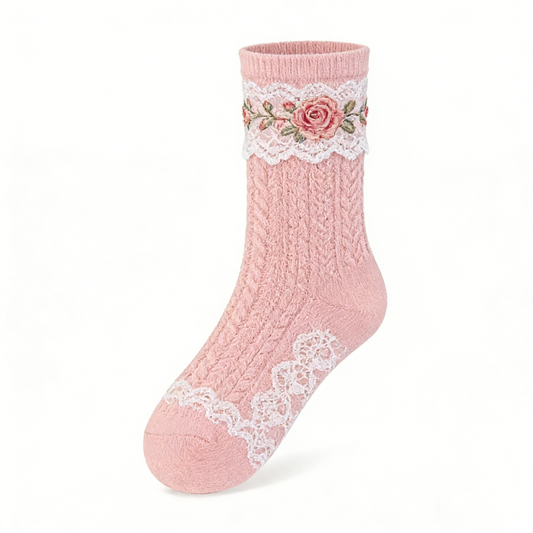 Pink Rose Lace Cable Knit Socks