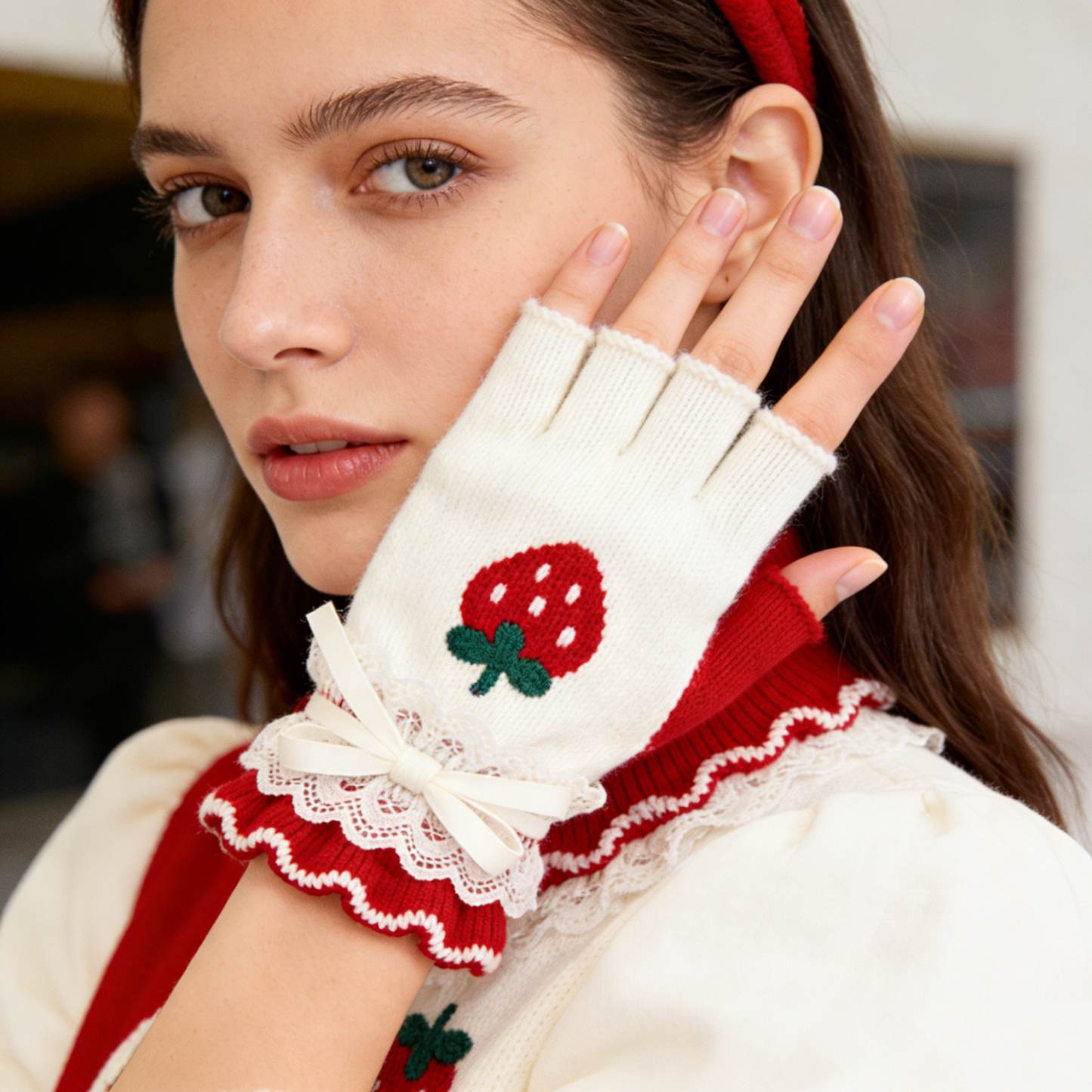 Cute Strawberry Knit Half-Finger Gloves