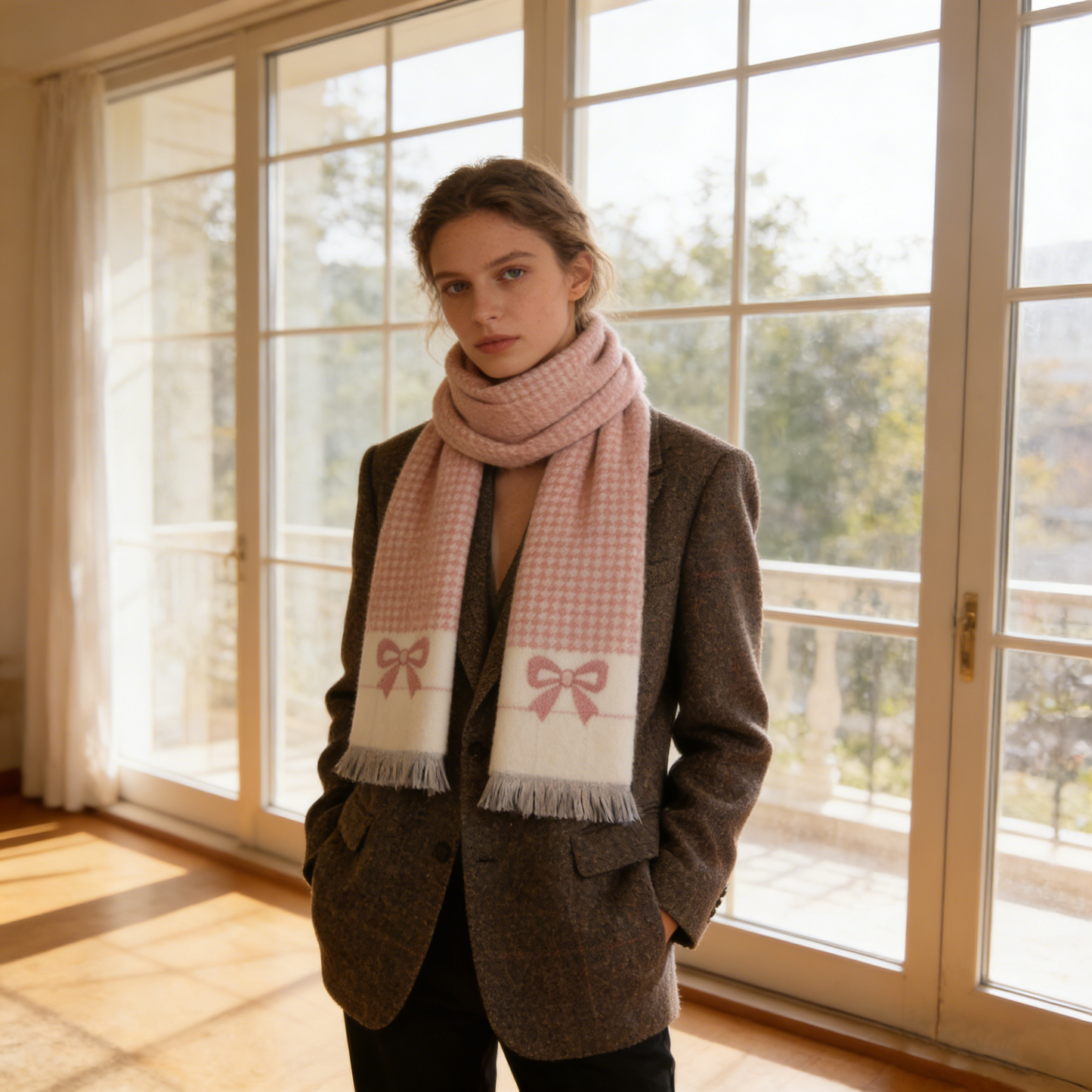 Pink Check Bow Scarf