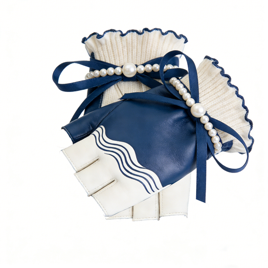 Navy Pearl Half Finger Leather Gloves