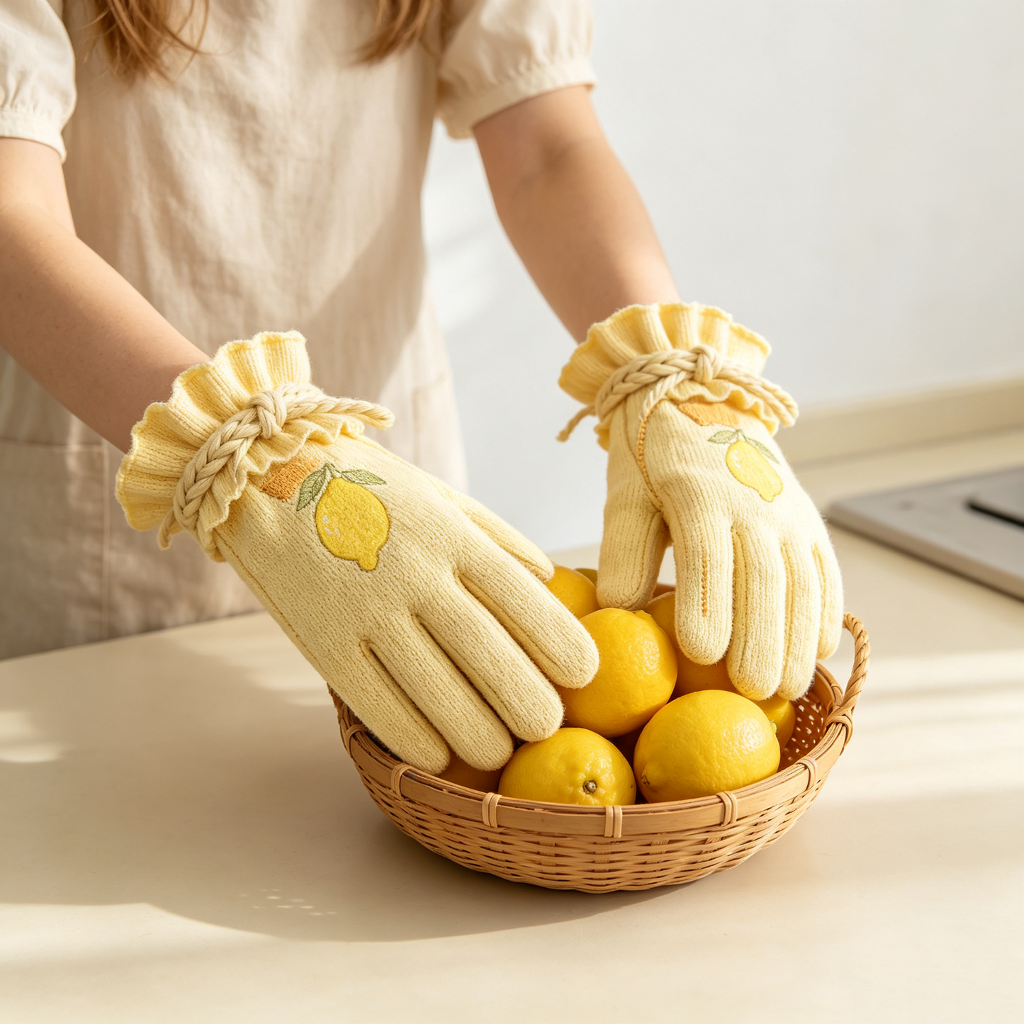 Lemon Embroidered Knit Gloves
