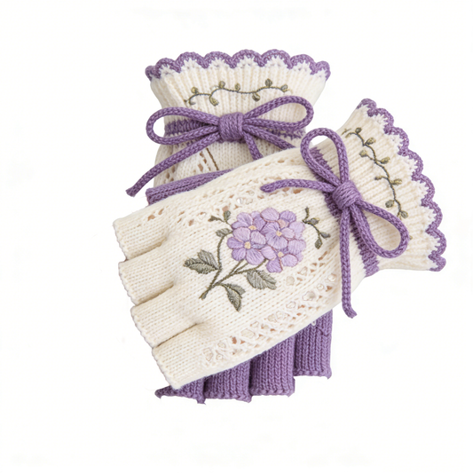 Cloud Embroidered Blue White Knit Gloves