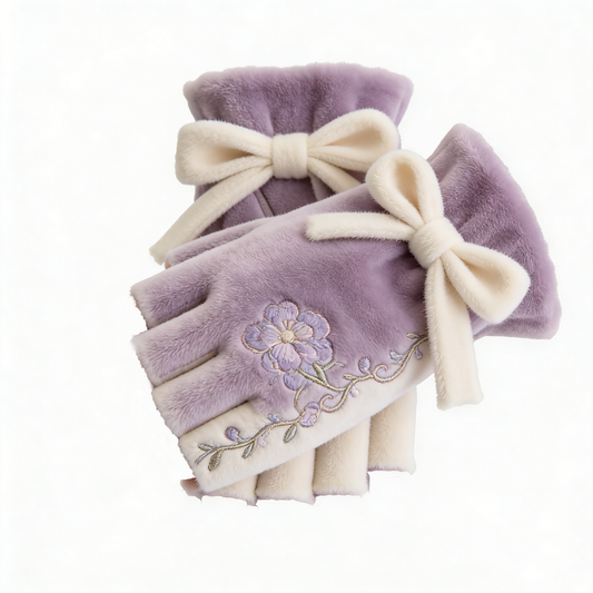 Purple Flower Velvet Half Finger Gloves