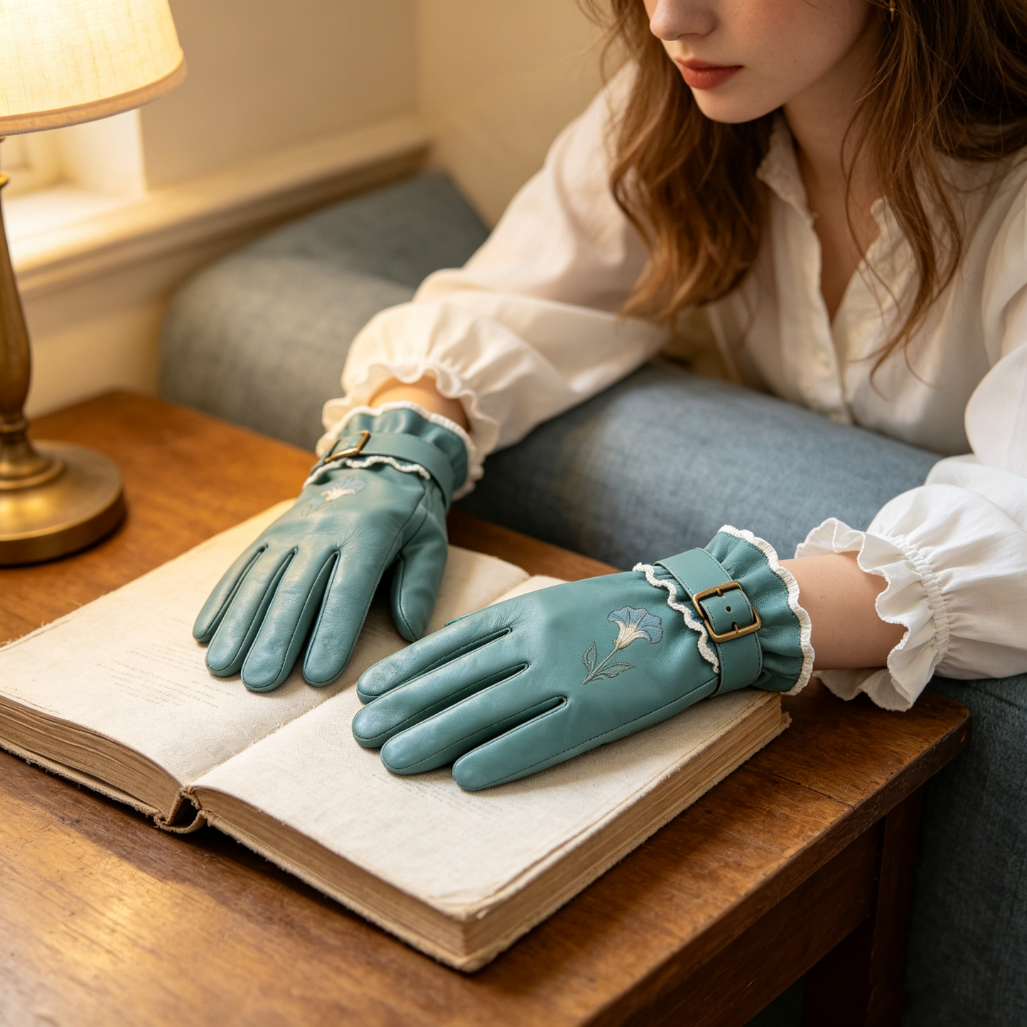 Teal Morning Glory Leather Gloves
