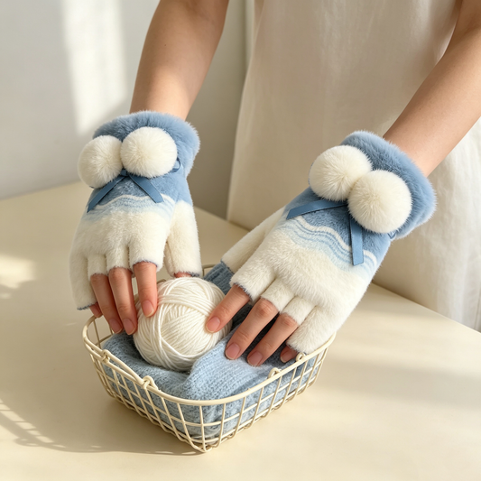 Blue White Fluffy Half Finger Gloves