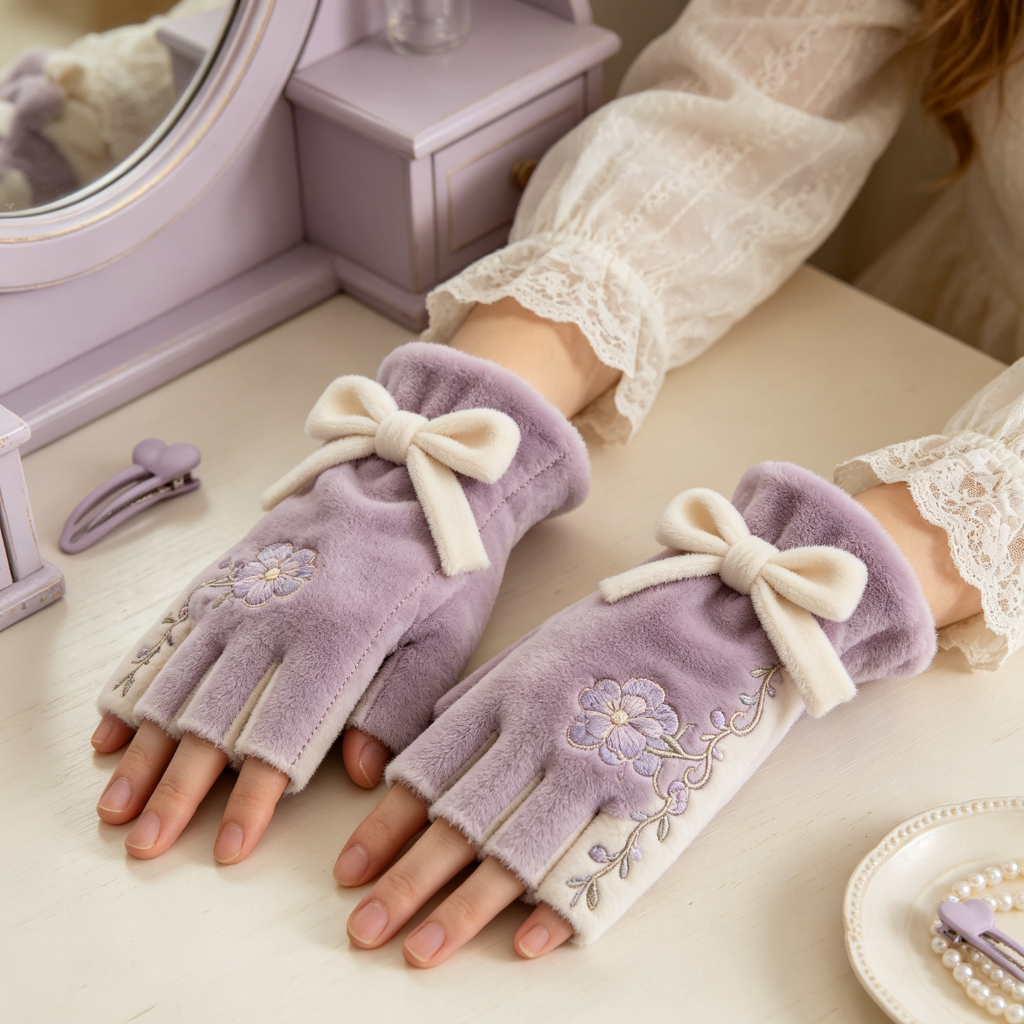 Purple Flower Velvet Half Finger Gloves