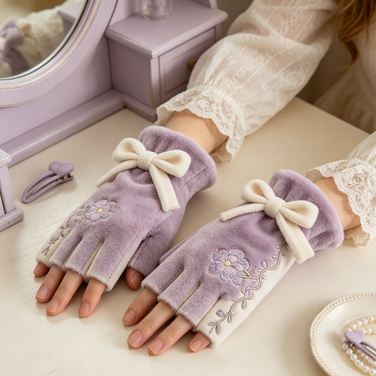 Purple Flower Velvet Half Finger Gloves