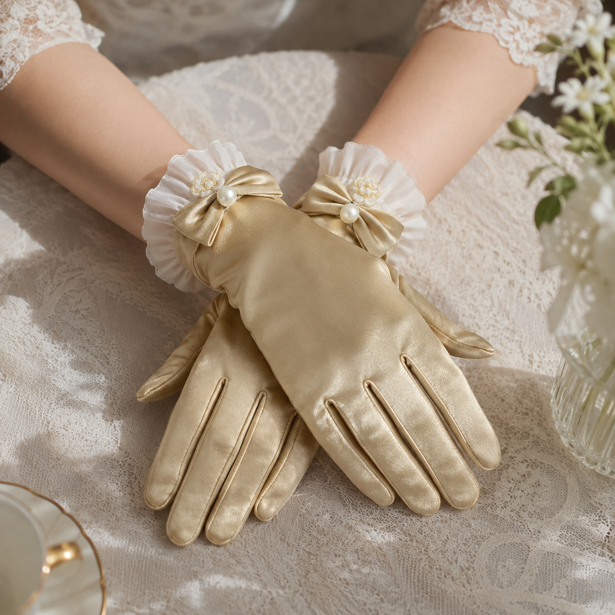 Gold Flower Bow Satin Gloves