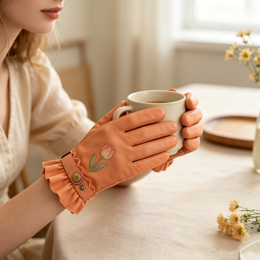 Peach Tulip Embroidered Leather Gloves